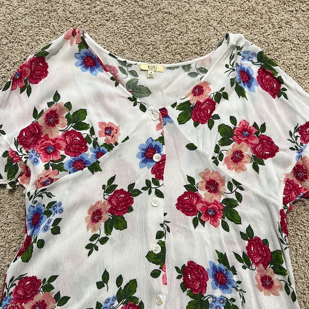 Kori America Size Small White, Pink, Blue Floral Casual Linen Shirt - Picture 3 of 5